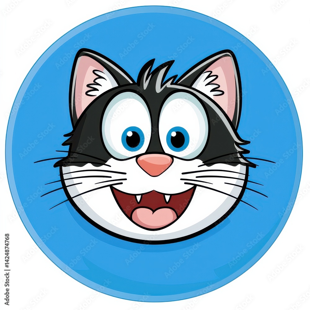 Obraz premium Cartoon cat face with blue eyes and white muzzle in circular frame on blue background