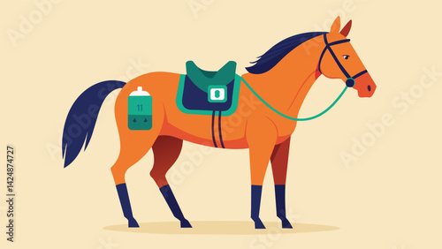 A majestic horse with a health monitor attached to its saddle with the rider closely monitoring its pressure and sleeping patterns.. Vector illustration