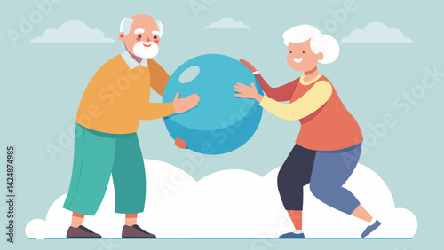 Sporting big smiles a couple in their golden years holds onto a large exercise ball while completing coordination exercises their love and partnership. Vector illustration