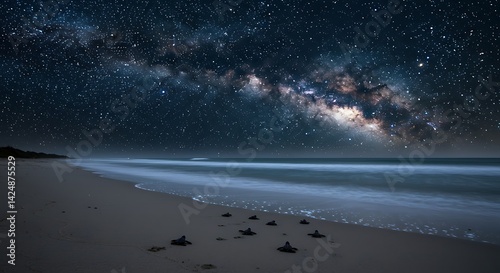 Baby Turtles Journeying to Sea Under the Milky Way