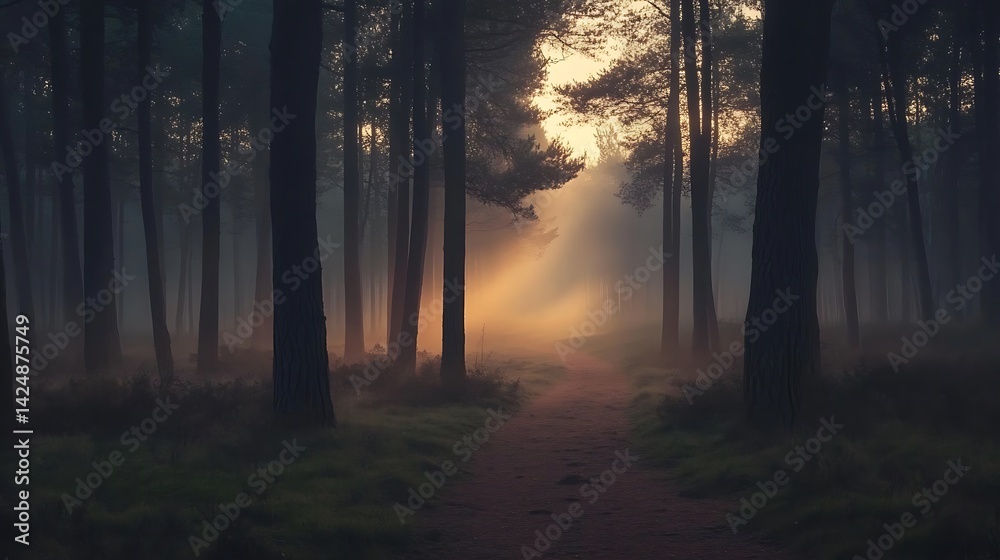 Fototapeta premium Misty Forest Path Sunrise.