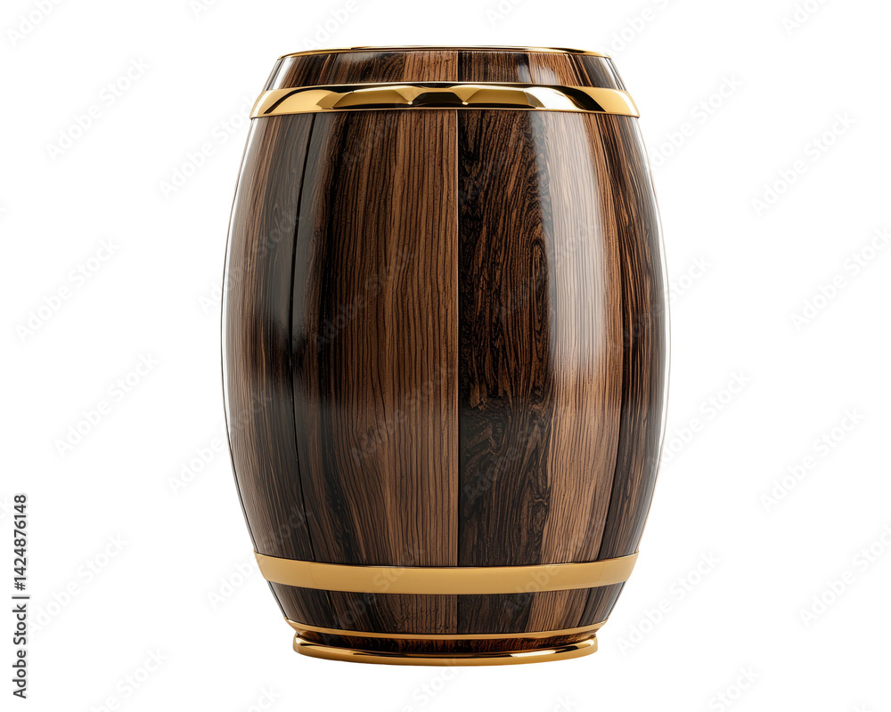 Elegant Wooden Barrel with Gold Accents on Transparent Background
