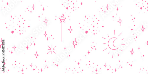 Magic doodle elements seamless vector pattern. Hand drawn line decorative illustration of a wand with stars and moon.