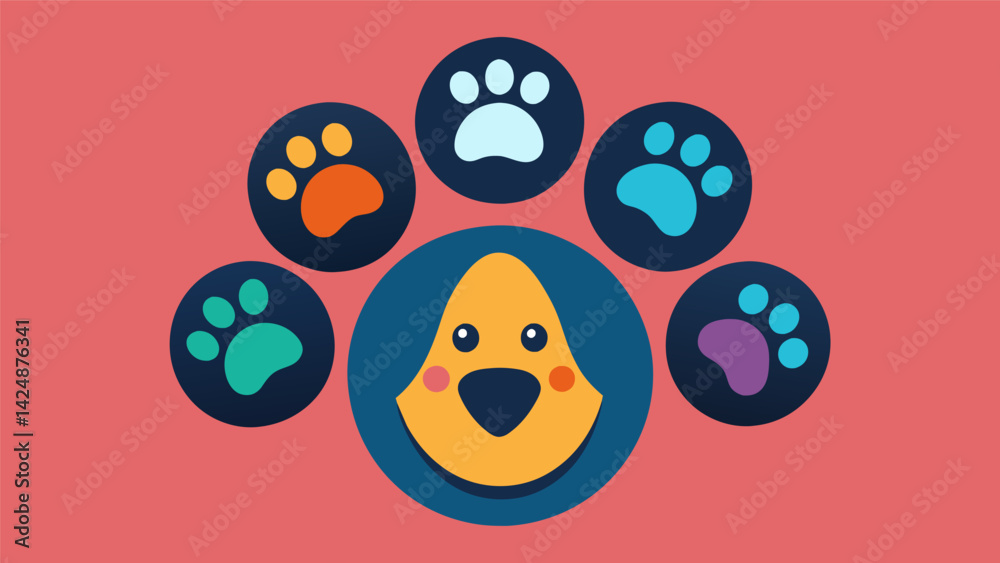 Naklejka premium A sleek graphic design of a paw print adorned with different emoticons symbolizing the different moods that can be tracked using the software.. Vector illustration
