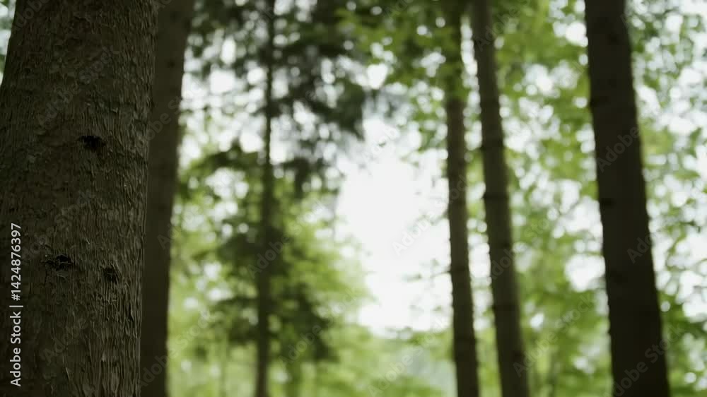 Serene forest scene with tall tree trunks and lush green canopy. Nature exploration in tranquil woodland. Peaceful outdoor retreat for camping and hiking enthusiasts Serene forest scene with tall tree trunks and lush green canopy. Nature exploration in tranquil woodland. Peaceful outdoor retreat for camping and hiking enthusiasts