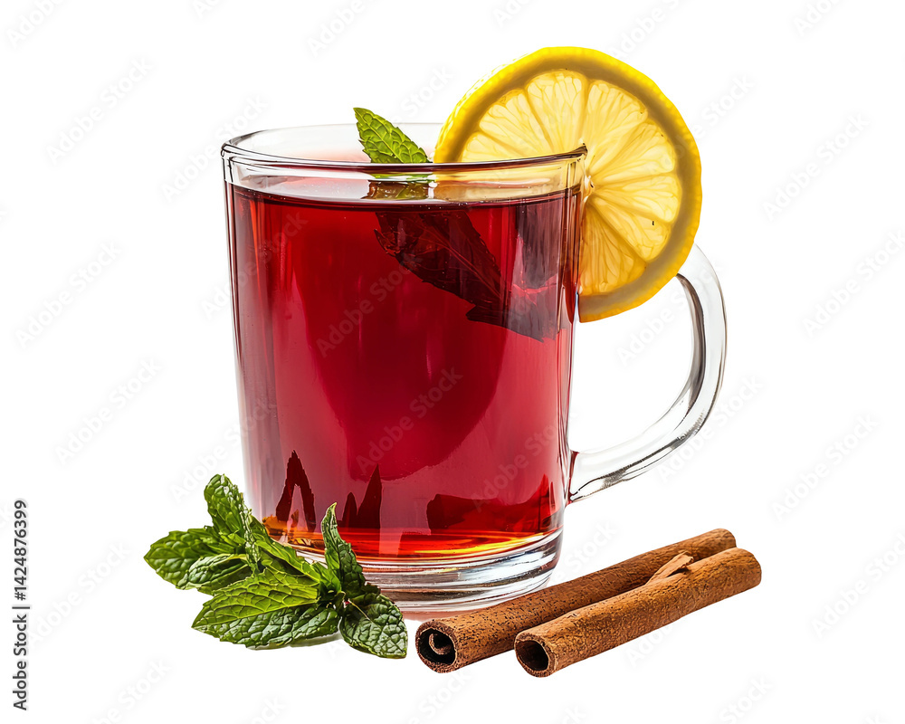 Refreshing Herbal Tea with Mint, Lemon Slice, Cinnamon Stick on Transparent Background
