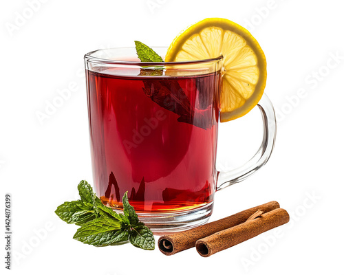 Obraz na płótnie Refreshing Herbal Tea with Mint, Lemon Slice, Cinnamon Stick on Transparent Background w salonie
