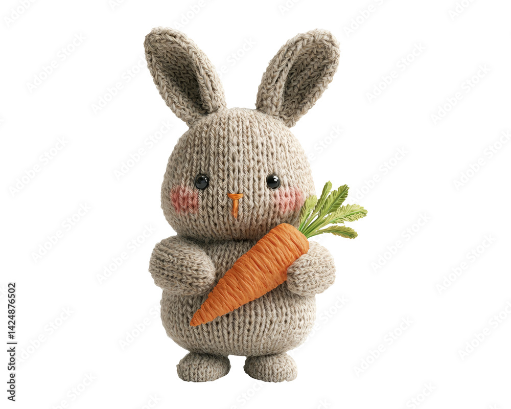 Cute Knitted Bunny Holding Carrot on Transparent Background for Design