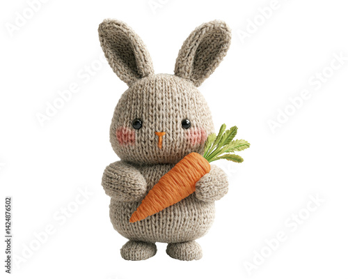 Obraz na płótnie Cute Knitted Bunny Holding Carrot on Transparent Background for Design w salonie