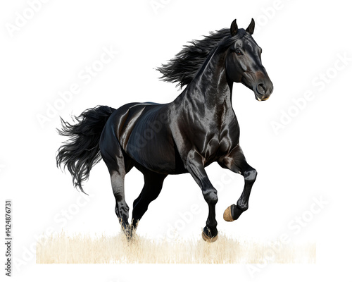 Majestic Black Horse Running on a Transparent Background with Grass