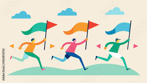 As you jog youll come across a series of colorful flags fluttering in the wind each representing a different fitness goal to strive for.. Vector illustration