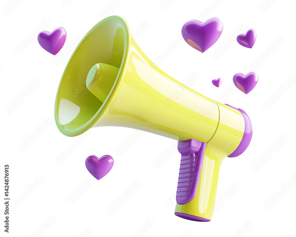 Bright Yellow Megaphone with Purple Hearts on Transparent Background