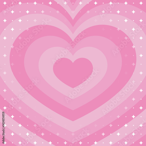 同心状のハートとキラキラのパターン背景、ポップなデザイン、装飾的な放射型図形、正方形サイズ