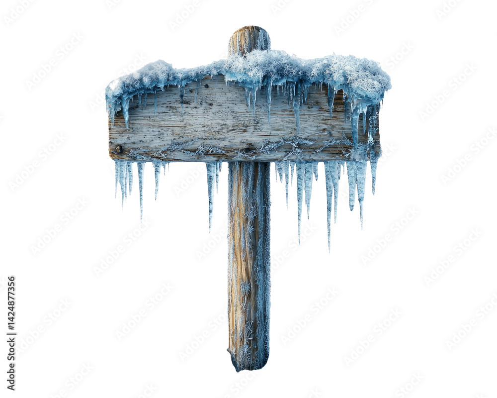 Frozen Wooden Sign with Icicles on Transparent Background