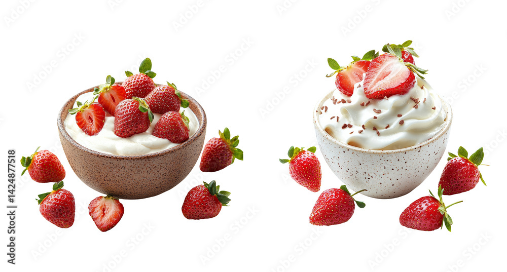 Fresh Strawberries with Creamy Yogurt in Transparent Background