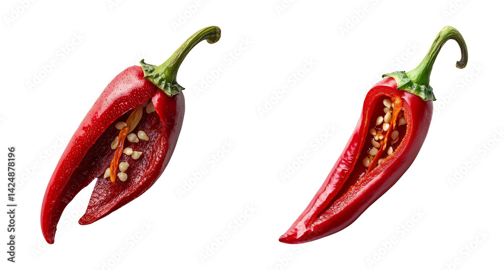Fresh Chili Peppers Cut in Half on a Transparent Background