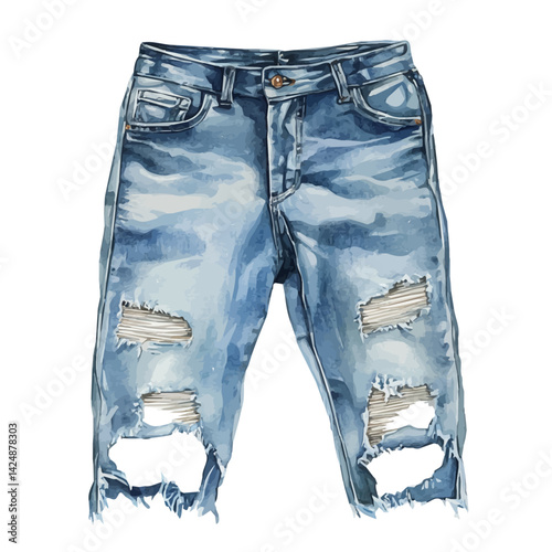 Pair of ripped jeans, watercolor illustration, isolated on a white background.

