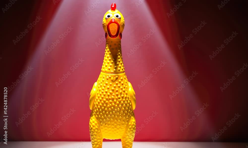 Yellow rubber chicken lit dramatically on red background