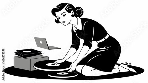 A black and white photo of a woman in the 1950s carefully cleaning her vinyl collection before placing them back in their sleeves. Vector illustration