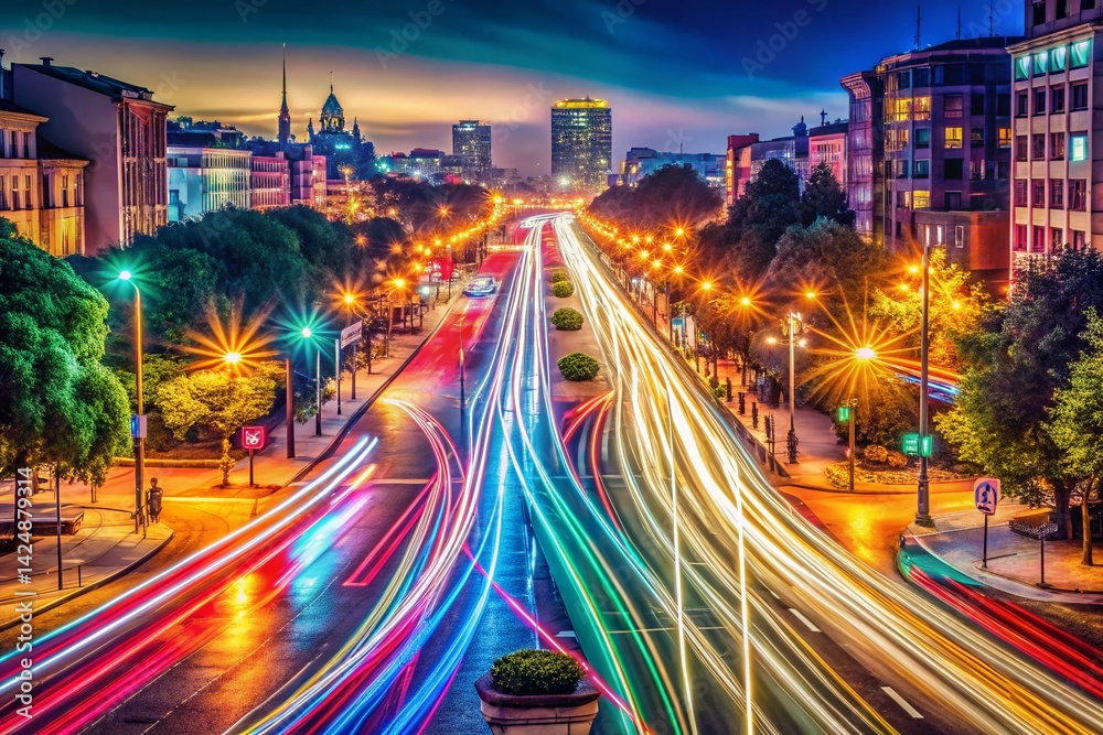 Obraz premium Long Exposure Light Trails at Night, Colorful Cityscape, Abstract Blurred Lights