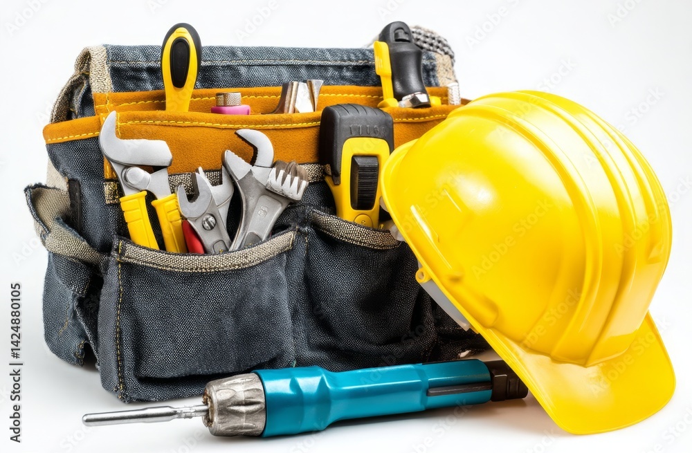 Essential Tools: A Handyman's Kit with Wrenches, Screwdrivers, and Safety Helmet for DIY Projects