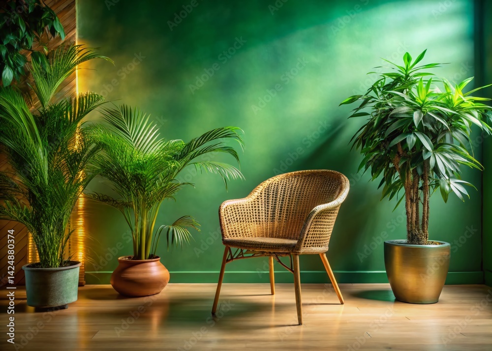 Fototapeta premium Long Exposure: Wicker Chair, Lush Greenery & Blank Canvas in Serene Green Room