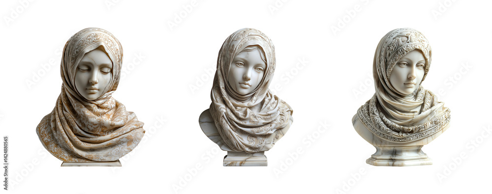 Elegant Marble Busts of Women with Scarves on Transparent Background