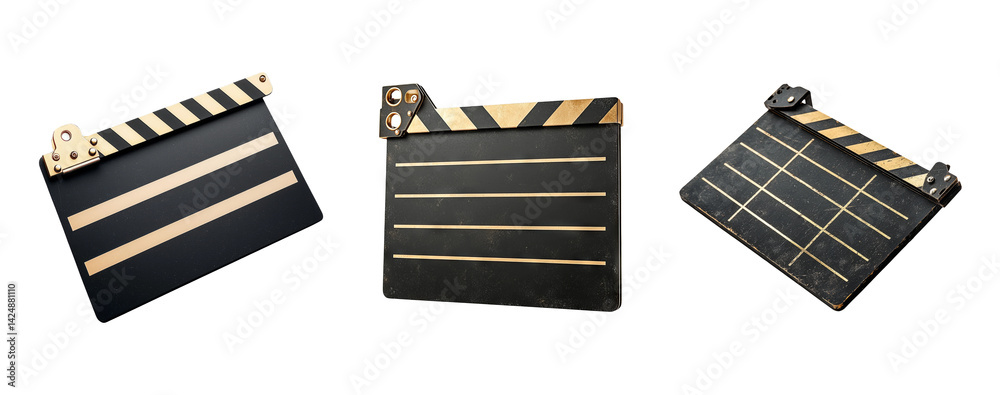 Three Classic Film Clapperboards on Transparent Background for Media