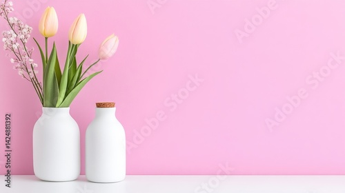 Pastel tulips and blossoms in simple white vases against a pink background