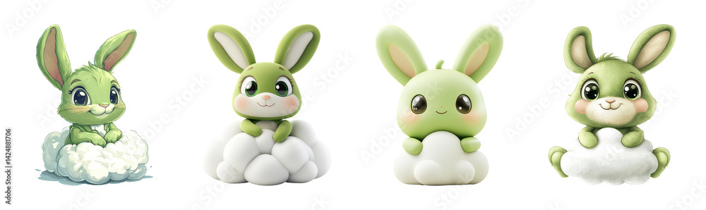 Cute Cartoon Green Bunnies on White Clouds with Transparent Background