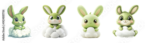 Obraz na płótnie Cute Cartoon Green Bunnies on White Clouds with Transparent Background w salonie