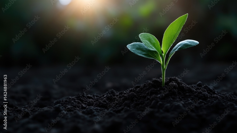 Tiny sprout emerging from rich soil. A vibrant new life bursts forth from the earth Tiny sprout emerging from rich soil. A vibrant new life bursts forth from the earth