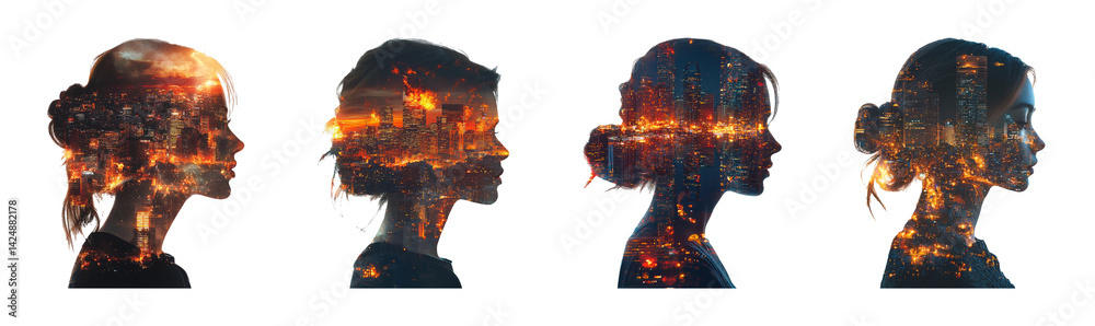 Silhouette of Woman with Cityscape Overlay and Transparent Background