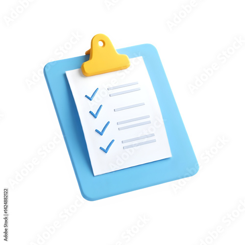 3D illustration of a checklist clipboard with blue frame and yellow clip, ideal for productivity or task management themes