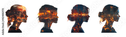 Obraz na płótnie Silhouette of Woman with Cityscape Overlay and Transparent Background w salonie