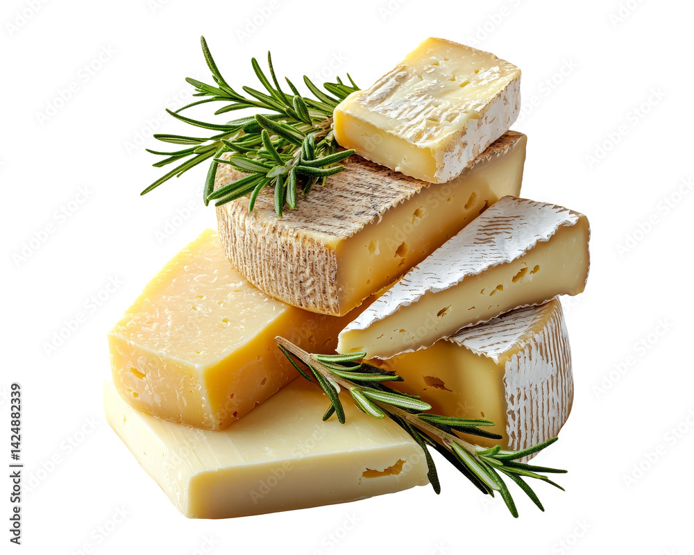 Assorted Cheese Blocks with Rosemary Twigs on Transparent Background