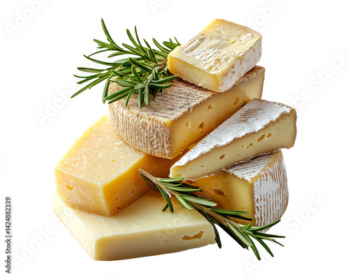 Obraz na płótnie Assorted Cheese Blocks with Rosemary Twigs on Transparent Background w salonie