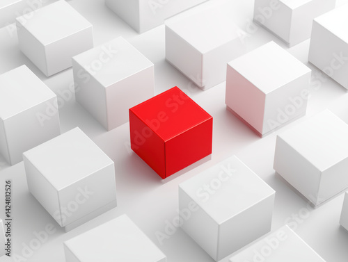 red cube stands out among many white cubes, creating feeling of prominence and focus against clean backdrop of geometric forms