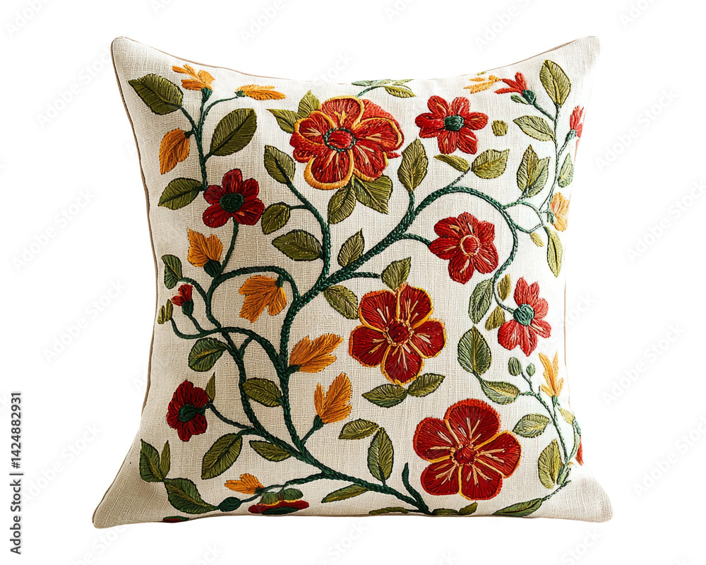 Colorful Floral Cushion with Embroidery on Transparent Background
