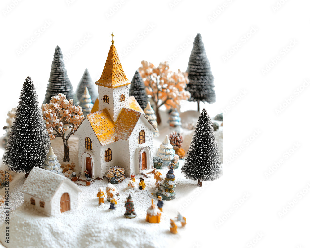 Miniature Winter Scene of a Church Surrounded by Snowy Trees