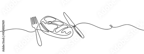 Continuous line, steak, knife and fork Simple lines, transparent background, editable strokes.