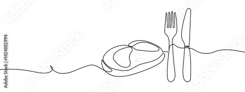 Continuous line, steak, knife and fork Simple lines, transparent background, editable strokes.