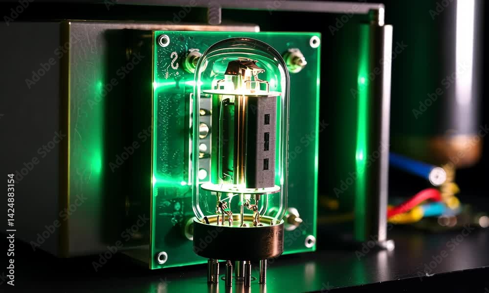 Illuminated electronic vacuum tube in dark setting with glowing components and intricate details