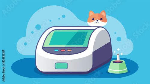A hightech litter box with selfcleaning features and a builtin odor control system for elderly cats.. Vector illustration