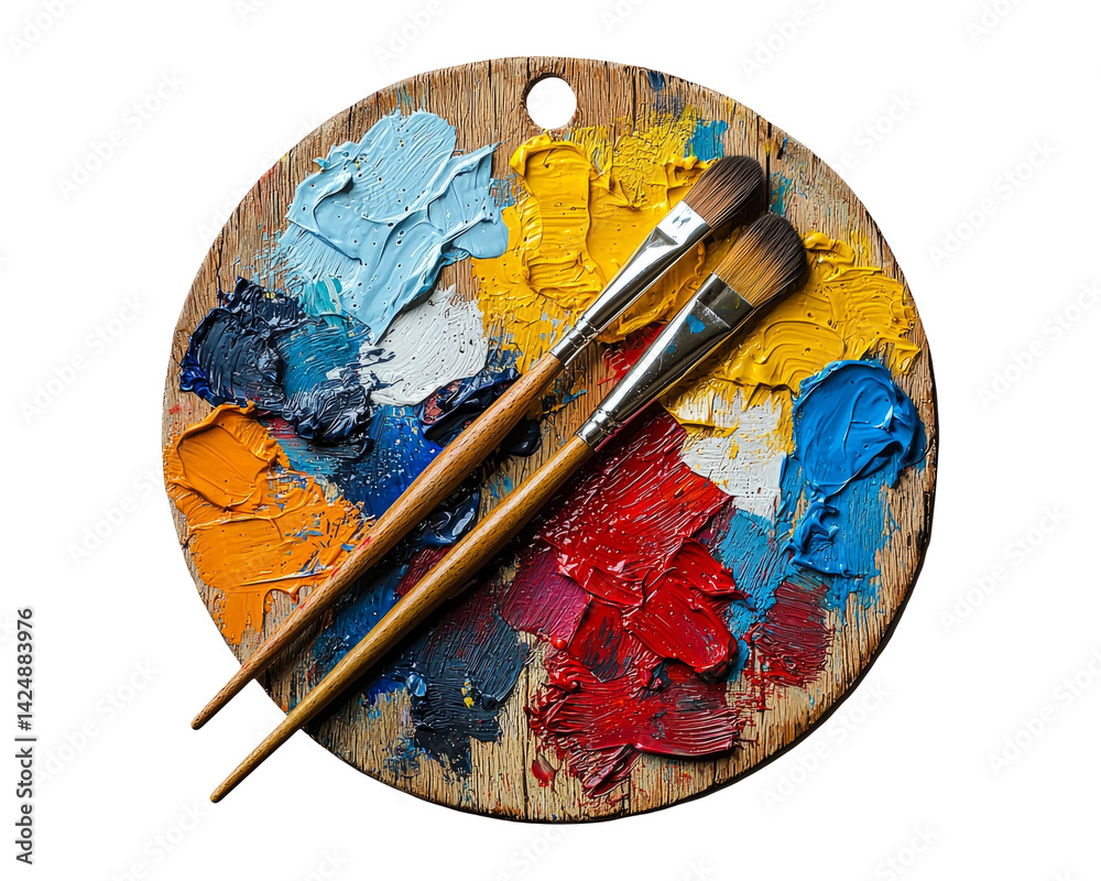 Vibrant Artist Palette with Paints and Brushes on Transparent Background