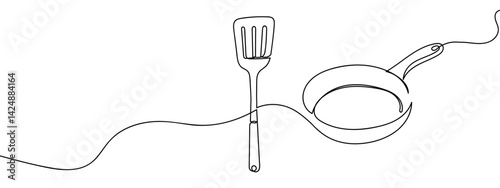 Continuous line, pan and spatula Simple lines, transparent background, editable strokes.