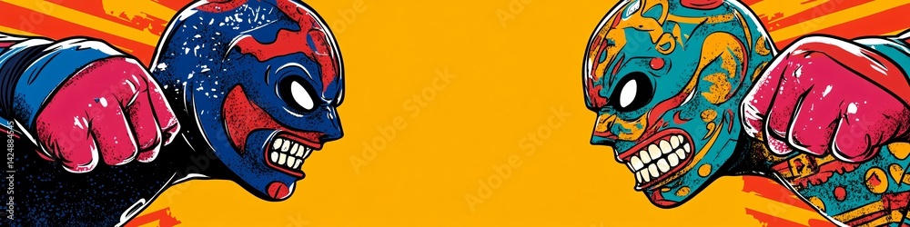 Dynamic and colorful illustration of masked wrestlers, perfect for promoting events like Cinco de Mayo, wrestling matches, or vibrant cultural celebrations. Dynamic and colorful illustration of masked wrestlers, perfect for promoting events like Cinco de Mayo, wrestling matches, or vibrant cultural celebrations.