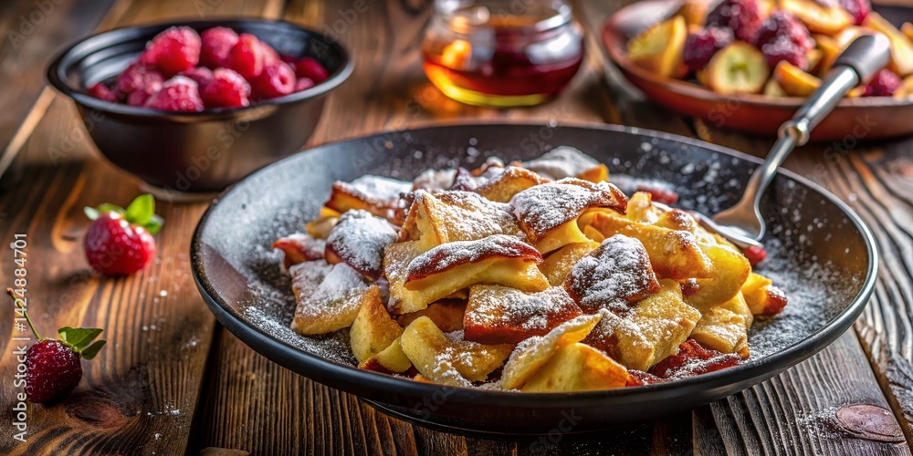 Macro Photo of Fluffy Kaiserschmarrn Pancakes with Applesauce