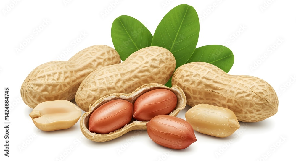 Scene composition with peanuts with leaves and shell, isolated peanuts, shell and peanut grain Scene composition with peanuts with leaves and shell, isolated peanuts, shell and peanut grain