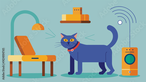 A multifunctional band that detects when your cat is scratching furniture and releases a pheromone to redirect them to a designated scratching post.. Vector illustration